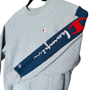 Champion Reverse Weave Knit Sleeve Spell Out Mens Gray Crew Neck Sweatshirt Sz M